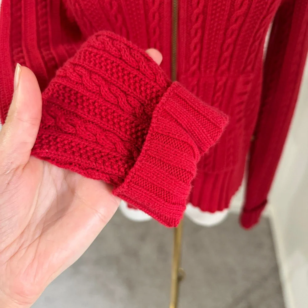 Polo by Ralph Lauren Red Cable-Knit Zip Front Cardigan